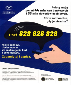 Plakat informujący o tym jak zastrzec dowód lub kartę bankową w razie kradzieży lub zgubienia go.